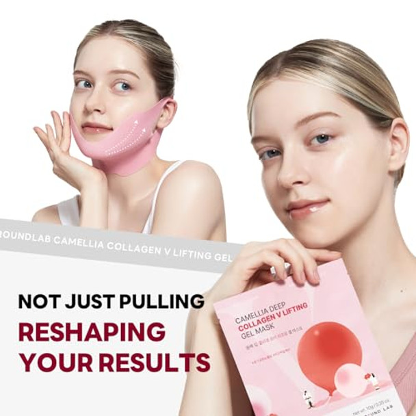 Round Lab Camellia Deep Collagen V Lifting Gel Mask 10G/0.35Oz   Face Toning Belt Collagen V-Line Mask Improves Sagging Skin Lifting & Firming Double-Chin Mask Instant Cooling & Depuffing