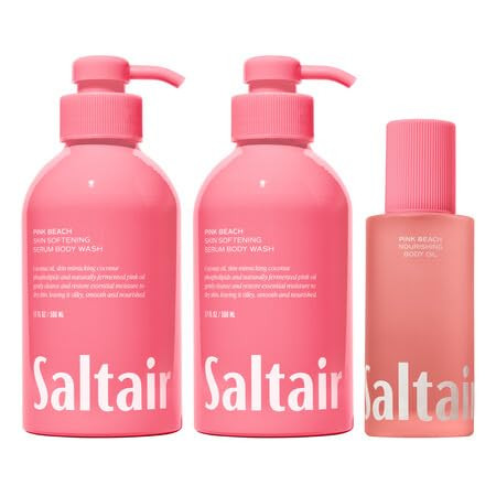 Saltair Pink Beach Body Wash 2-Pack. Moisturizing Body Cleanser With Monoi Oil & Body Oil. Luxurious After Shower And Bath Oil Moisturizer Bundle
