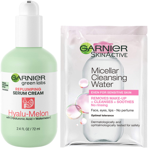 Garnier SkinActive Green Labs Hyalu-Melon Replumping Serum Cream Moisturizer with SPF 30 and Hyaluronic Acid + Watermelon and Trial Size Micellar Cleansing (In Carton) (Packaging May Vary)