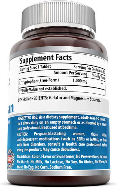 Amazing Formulas L-Tryptophan Dietary Supplement - 1000 Mg 60 Tablets