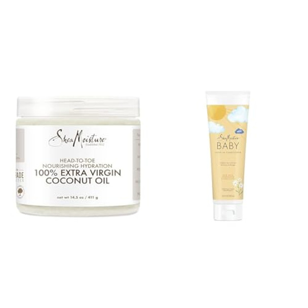 Sheamoisture Body Moisturizer For Dry Skin 100% Extra Virgin Coconut Oil Nourishing Hydration Soften And Restore Skin And Hair 14.5 Oz & Baby Leave-In Conditioner For Curly Hair Raw Shea