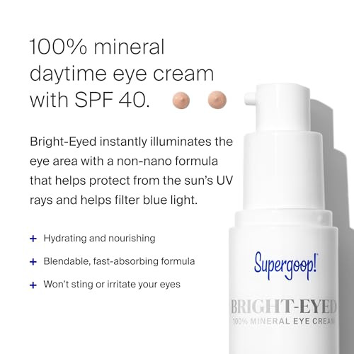 Supergoop Bright-Eyed 100% Mineral Eye Cream 0.5 fl oz - SPF 40 PA+++ Hydrating & Illuminating Mineral Sunscreen - Under Eye Cream for Dark Circles & Puffiness - Revives Tired Eyes