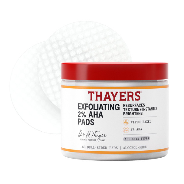 Thayers Exfoliating 2% AHA Toner Pads, Dual-Sided Exfoliating Pads with Witch Hazel, Glycolic Acid and Lactic Acid to Resurface Skin Texture and Instantly Brighten For All Skin Types 60 Count