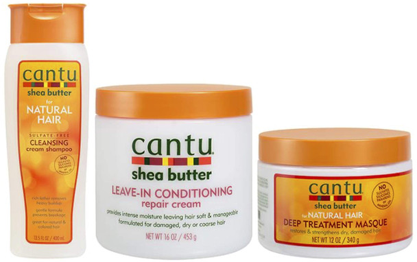 Cantu Shea Butter Sulfate-Free Cleansing Cream Shampoo, Leave-In Conditioning Repair Cream & Deep Treatment Masque (Set of 3)