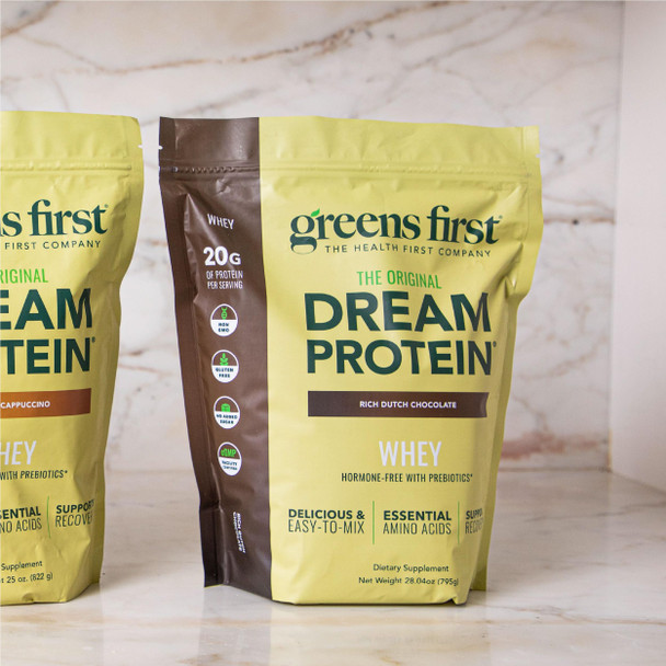 Greens First Dream Protein Powder Whey  20g Protein Per Serving Hormone Free with Prebiotics NonGMO No Artificial Sweeteners MSG Aspartame (Rich Dutch Chocolate 28.04 oz)