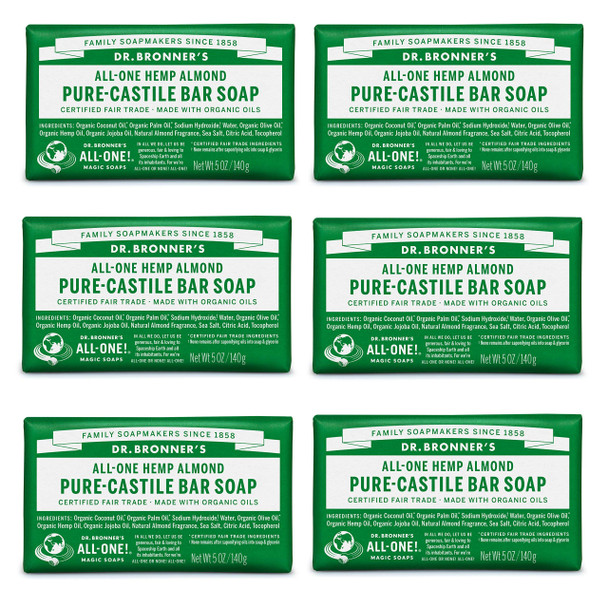 Dr. Bronners - Pure-Castile Bar Soap (Almond, 5 ounce) - Made with Organic Oils, For Face, Body and Hair, Gentle and Moisturizing, Biodegradable, Vegan, Cruelty-free, Non-GMO (5 Ounce, 6-Pack)