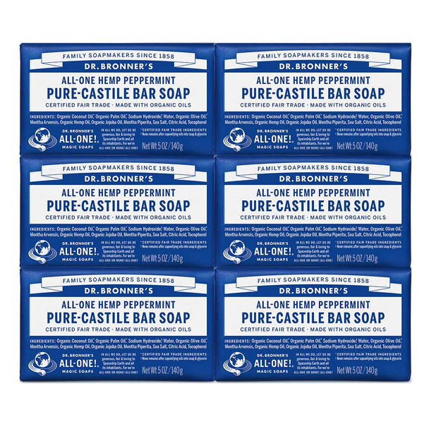 Dr. Bronners - Pure-Castile Bar Soap (Peppermint, 5 ounce) - Made with Organic Oils, For Face, Body and Hair, Gentle and Moisturizing, Biodegradable, Vegan, Cruelty-free, Non-GMO (5 Ounce, 6-Pack)