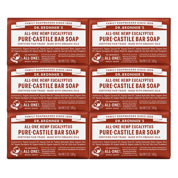 Dr. Bronners - Pure-Castile Bar Soap (Eucalyptus, 5 ounce, 6-Pack) - Made with Organic Oils, For Face, Body and Hair, Gentle and Moisturizing, Biodegradable, Vegan, Cruelty-free, Non-GMO
