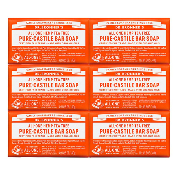 Dr. Bronners - Pure-Castile Bar Soap (Tea Tree, 5 oz, 6-Pack) - Made with Organic Oils, For Face, Body, Hair and Dandruff, Gentle on Acne-Prone Skin, Biodegradable, Vegan, Non-GMO