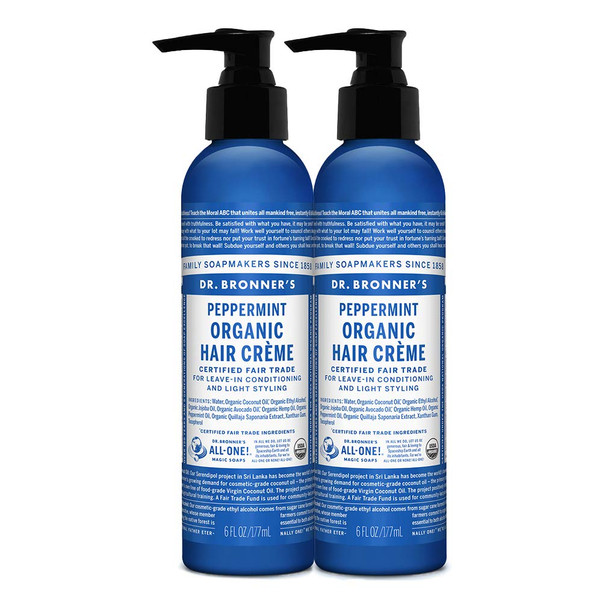 Dr. Bronner's - Organic Hair Crme (Peppermint, 6 Ounce) - Leave-In Conditioner and Styling Cream, Made with Organic Oils, Hair Cream Supports Shine and Strength, Nourishes Scalp (6 Ounce, 2-Pack)