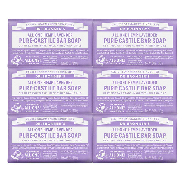 Dr. Bronners - Pure-Castile Bar Soap (Lavender, 5 ounce, 6-Pack) - Made with Organic Oils, For Face, Body and Hair, Gentle and Moisturizing, Biodegradable, Vegan, Cruelty-free, Non-GMO