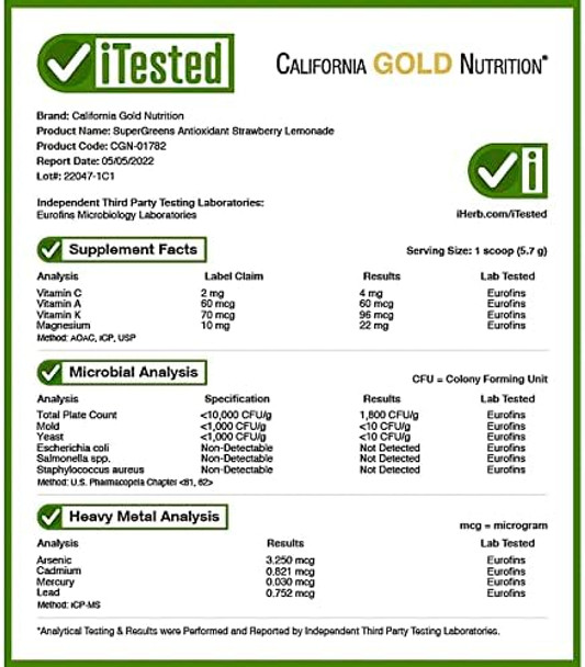 California Gold Nutrition Supergreens Antioxidant Greens Fiber & Probiotics Strawberry Lemonade 6.03 Oz (171 G)