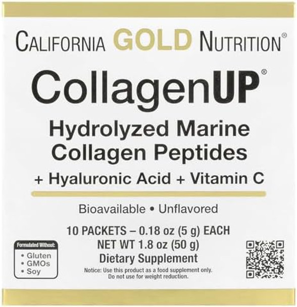 California Gold Nutrition Collagen Peptides Powder With Hyaluronic Acid Support For Healthy Hair Skin Nails Joints And Bones Nongmo Gluten Unflavored 10 Packets 0.18 Oz (5.16 G)