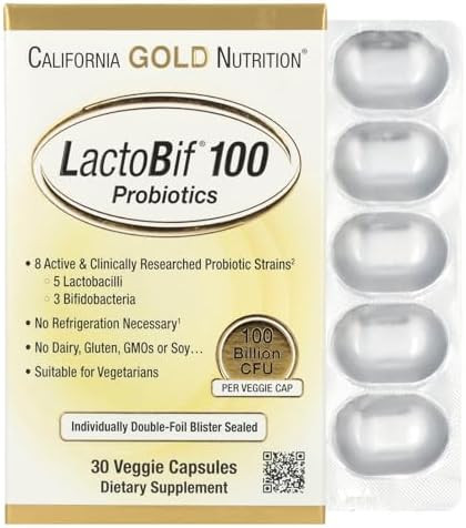 California Gold Nutrition Lactobif Probiotics 100 Bllion Cfu 8 Active & Clinically Researched Probiotic Strains Sugar Vegetarian Individually Doublefoil Blister Sealed 30 Veggie Capsules