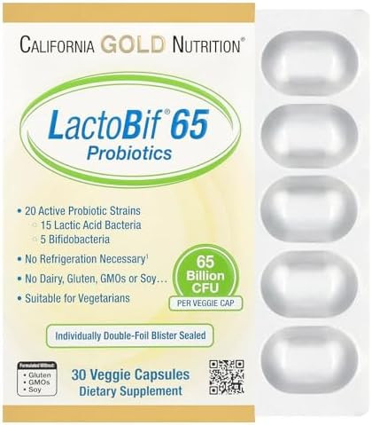 California Gold Nutrition Lactobif Probiotics 65 Bllion Cfu 20 Active & Researched Probiotic Strains Soy Sugar Vegetarian Individually Doublefoil Blister Sealed 30 Veggie Capsules