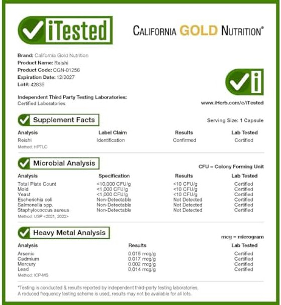 California Gold Nutrition Reishi (Ganoderma Lucidum) Full Spectrum Organic 600 Mg 90 Veggie Capsules