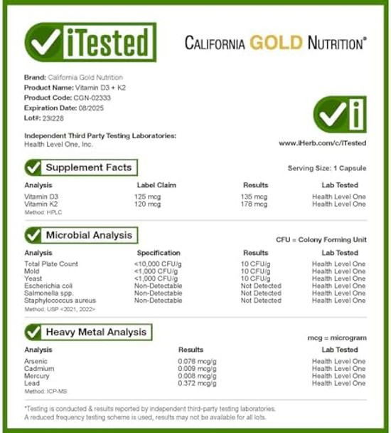 California Gold Nutrition Vitamin D3 + K2 180 Veggie Capsules