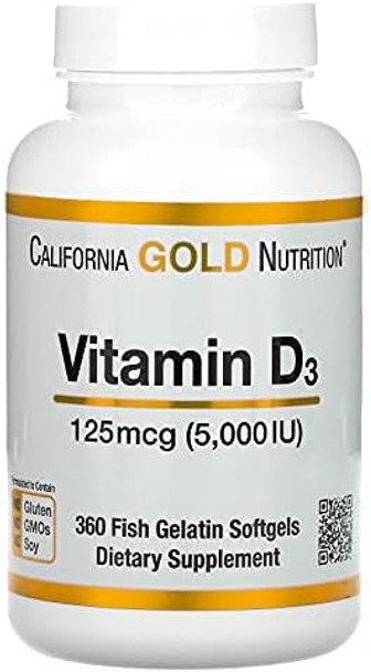 California Gold Nutrition Vitamin D3 125 Mcg (5000 Iu) 360 Fish Gelatin Softgels 5 Pack