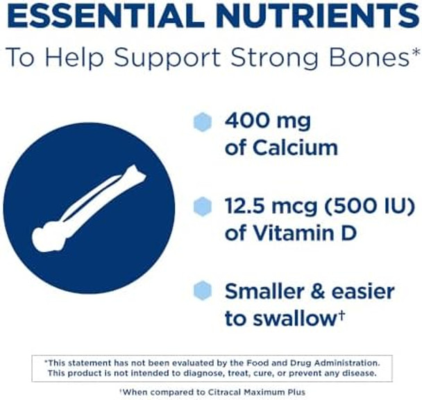 Citracal Petites 400 Mg Calcium Citrate Easily Absorbed And Highly Soluble With 12.5 Mcg (500 Iu) Vitamin D3 Bone Health Support For Ages 12+ Smaller And Easier To Swallow Caplets 200 Count