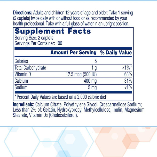 Citracal Petites 400 Mg Calcium Citrate Easily Absorbed And Highly Soluble With 12.5 Mcg (500 Iu) Vitamin D3 Bone Health Support For Ages 12+ Smaller And Easier To Swallow Caplets 200 Count
