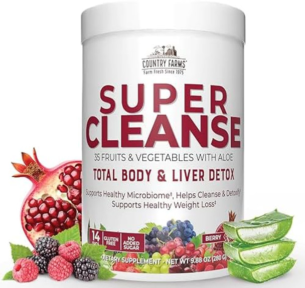 Country Farms Super Cleanse Super Juice Cleanse Supports Healthy Digestive System 34 Fruits And Vegetables With Aloe Promotes Natural Detoxification Drink Powder 14 Servings 9.88 Ounce