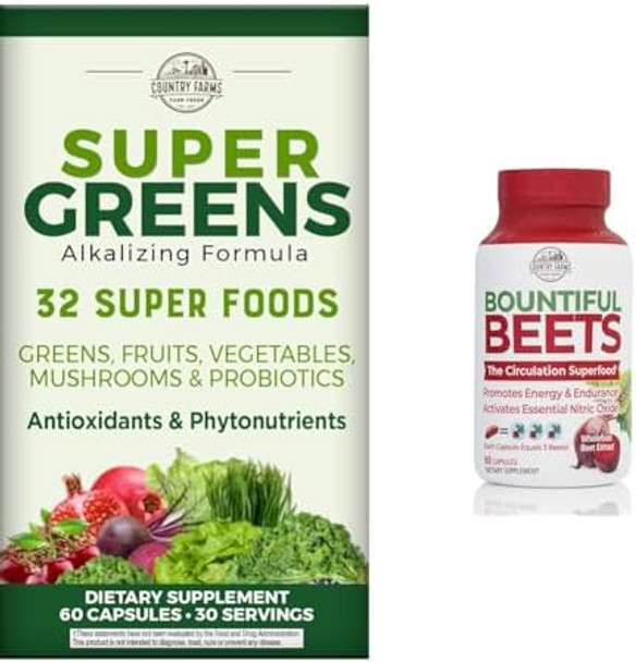 Country Farms Super Greens Fruit Vegetable Probiotics Antioxidants Phytonutrients Beet Root Nitric Oxide Circulation Immune Support Capsules