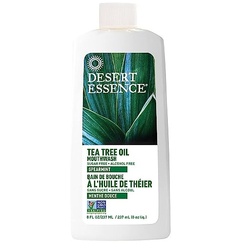 Desert Essence Alcohol Mouthwash With Tea Tree Oil And Aloe Sugar Oral Rinse To Provide Botanical Care For Teeth & Gums Vegan Nongmo Sls Gluten Spearmint Flavor 8Oz