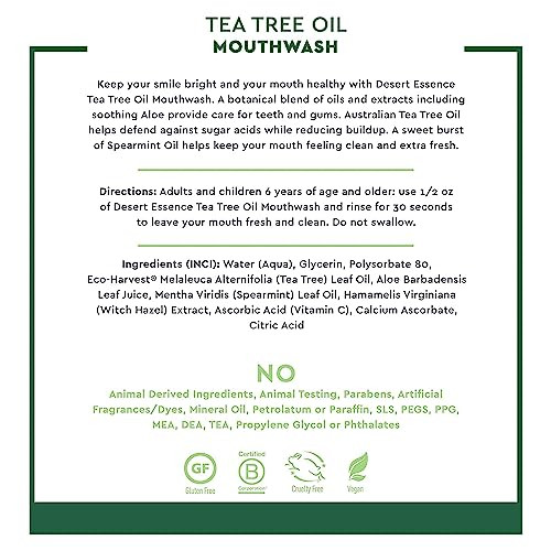 Desert Essence Alcohol Mouthwash With Tea Tree Oil And Aloe Sugar Oral Rinse To Provide Botanical Care For Teeth & Gums Vegan Nongmo Sls Gluten Spearmint Flavor 8Oz