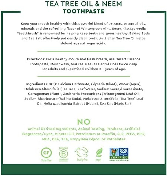 Desert Essence Tea Tree Oil & Neem Toothpaste 6.25 Oz Pack Of 2 Refreshing Rich Taste Baking Soda & Essential Oil Of Wintergreen Antiseptic Natural Ingredients Fluoride & Gluten . Desert Essence Tea Tree Oil & Neem Toothpaste 6.25 Oz Pack Of 2 Refreshing Rich Taste Baking Soda & Essential Oil Of Wintergreen Antiseptic Natural Ingredients Fluoride & Gluten .