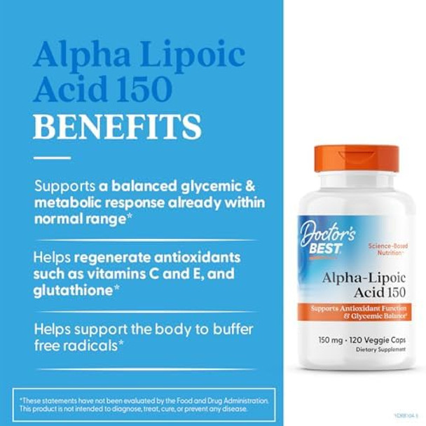 Doctor'S Best Alphalipoic Acid 150 Helps Support Glucose Metabolism And Regenerate Antioxidants Nongmo Gluten Vegan Soy 150Mg 120 Veggie Caps