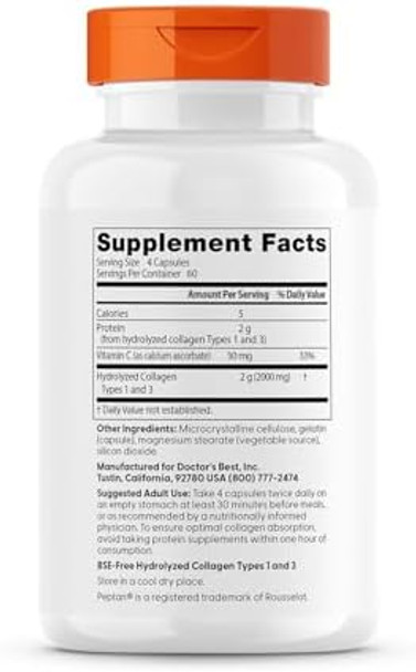 Doctor'S Best Collagen Types 1 & 3 With Vitamin C Nongmo Gluten Soy Supports Hair Skin Nails Tendons & Bones 500 Mg 240 Caps (Drb00263)