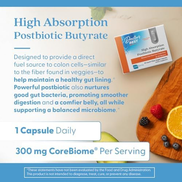 Doctor'S Best High Absorption Postbiotic Butyrate Featuring Corebiome Gut & Immune Health Nongmo Gluten Soy Vegan 30 Liquid Veggie Caps