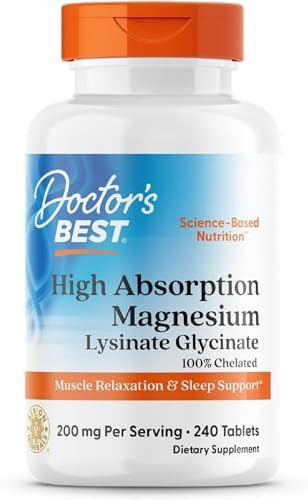 Doctor'S Best High Absorption Magnesium Glycinate Lysinate 100% Chelated Nongmo Vegan Gluten & Soy 200 Mg 240 Count