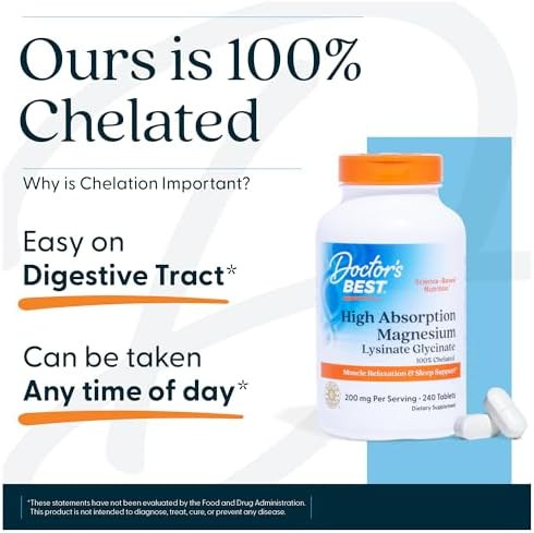 Doctor'S Best High Absorption Magnesium Glycinate Lysinate 100% Chelated Nongmo Vegan Gluten & Soy 200 Mg 240 Count