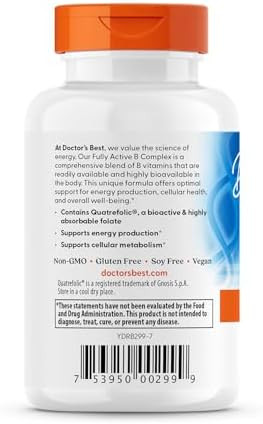 Doctors Best Fully Active B Complex Energy & Cellular Support Nongmo Gluten Soy Vegan 30 Veggie Caps