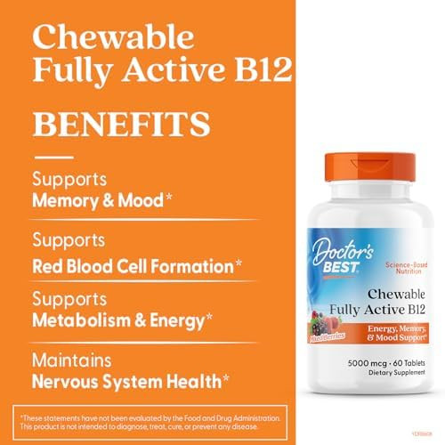 Doctor'S Best Chewable Fully Active Methyl B12 Methylcobalamin Energy Memory & Mood Support Nongmo Gluten Soy Vegan 60 Tablets