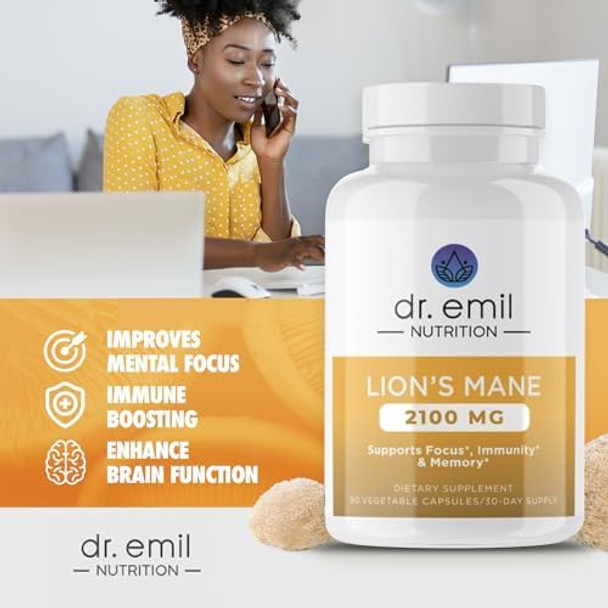 Dr. Emil Nutrition 2100Mg Organic Lions Mane Supplement Capsules Focus Mental Clarity & Cognition Nootropic Lion'S Mane Mushroom Supplement With Organic Lions Mane
