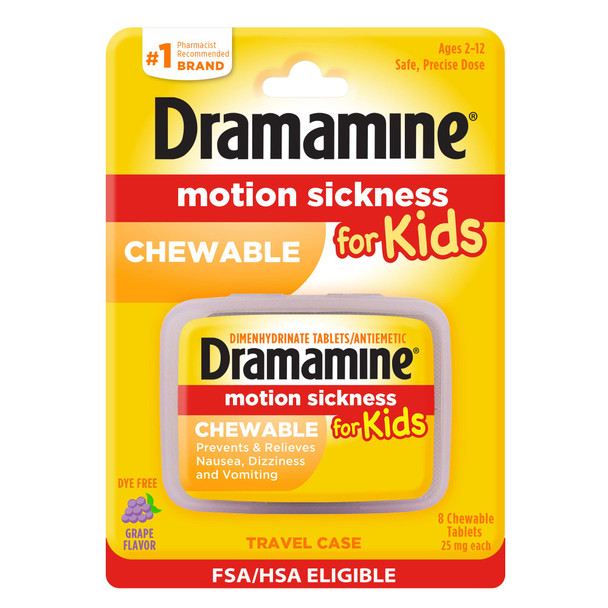 Dramamine Motion Sickness Relief For Kids Chewable Grape Flavor 8 Count