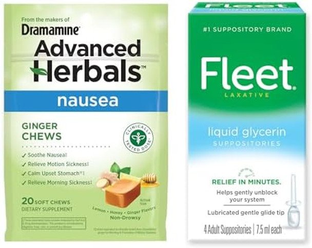 Fleet + Advanced Herbals Digestive Convenience Bundle Liquid Glycerin Suppositories 4 Count Ginger Soft Chews 20 Count Liquid
