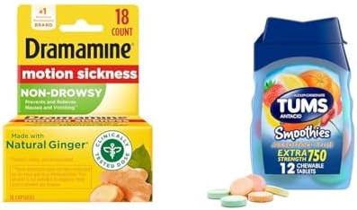 Dramamine Motion Sickness Relief 18 Count And Tums Antacid Chewable Tablets Heartburn Relief Assorted Fruit 12 Count