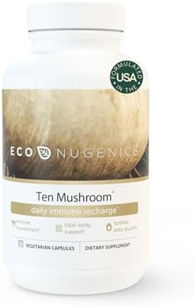 Econugenics Ten Mushroom Supplement: Daily Immune Support 120 Capsules Lion’S Mane Reishi Cordyceps Turkey Tail Maitake Shiitake Energy Gut Health Liver Kidney & Nootropic Brain Support