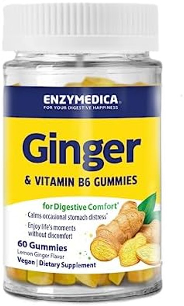 Enzymedica Ginger & Vitamin B6 Gummies Support For Occasional Nausea & Indigestion High Potency Equivalent To 200 Mg Ginger Extract 60 Count