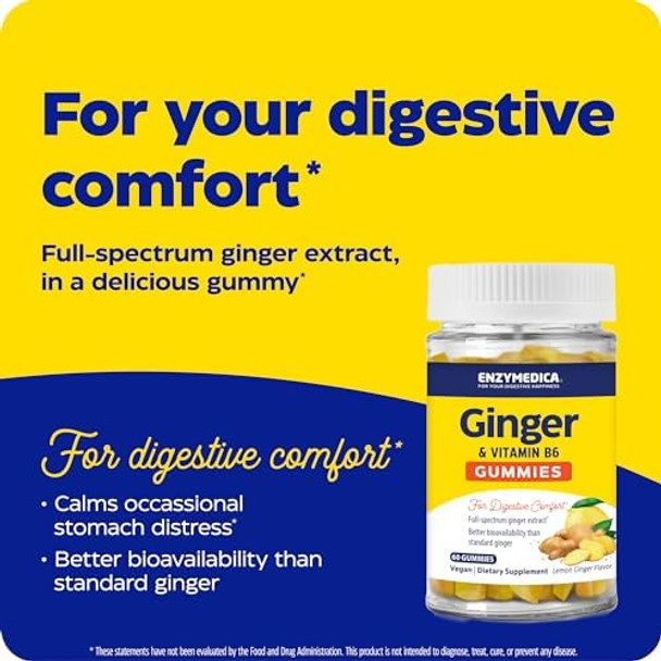 Enzymedica Ginger & Vitamin B6 Gummies Support For Occasional Nausea & Indigestion High Potency Equivalent To 200 Mg Ginger Extract 60 Count
