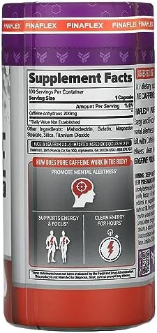 Finaflex Pure Caffeine 100 Capsules Promotes Mental Alertness Energy & Focus For Men & Women With Caffeine Anhydrous 100 Servings