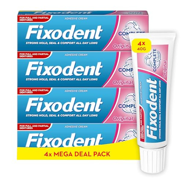 Fixodent Complete Denture Adhesives Cream 4X40G Saving Pack 10X Stronger Hold Vs. No Adhesive Improved Comfort & Foodseal Original Mint