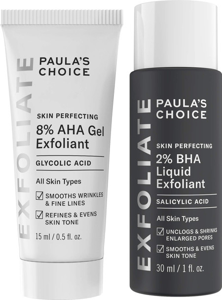 Paula's Choice SKIN PERFECTING 8% AHA Gel Exfoliant & 2% BHA Liquid Travel Duo, Facial Exfoliants for Blackheads & Wrinkles, Face Exfoliators w/ Glycolic Acid Salicylic Acid