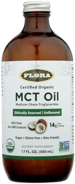 Flora Mct Oil Organic Supports Muscle Energy & Brain Health Contains C8 Caprylic Acid & C10 Capric Acid Nongmo Gluten Vegan & Ketofriendly 17 Fl. Oz. Glass Bottle