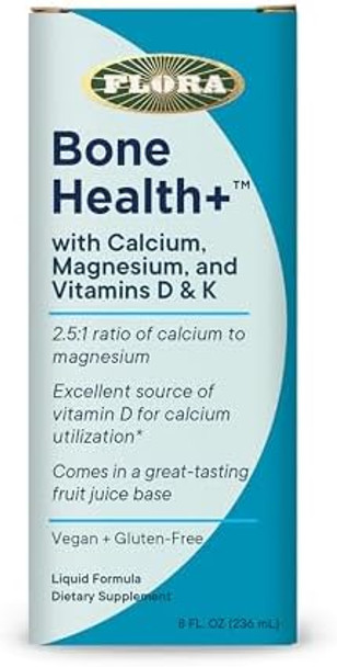 Flora Bone Health+ Calcium & Magnesium Supplement Bone Support Contains Vitamin D3 & Vitamin K2 Vegan & Gluten Delicious Fruit Juice Base 8 Fl. Oz.