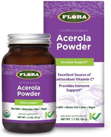 Flora Acerola Powder Vitamin C & Antioxidants Immune Support Supplement Organic Nongmo & Vegan 1.7 Oz. Glass Bottle