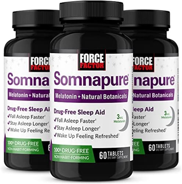 Force Factor Somnapure 3Pack Drug Sleep Aid For Adults For Occasional Sleeplessness With Melatonin & Valerian Nonhabitforming Sleeping Pills Fall Asleep Faster 180 Tablets